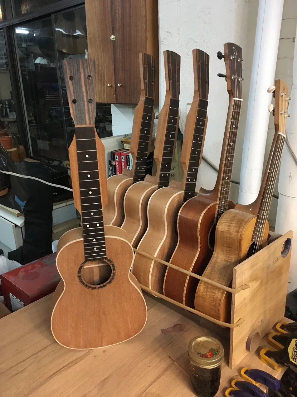 Ukuleles in progress in the workshop